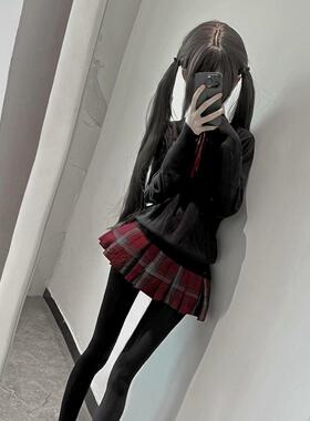 胖MM大码JK制服V领黑色套头毛衣叠穿长袖上衣玄JK短裙一整套装女