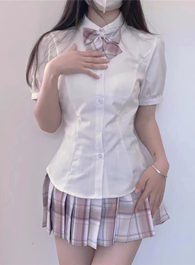 胖MM200斤特大码收腰衬衫jk纯欲设计感短袖系带显瘦白色衬衣夏季