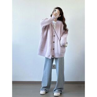 胖MM大码水貂绒紫色v领毛衣秋冬加厚慵懒风中长款针织开衫外套女