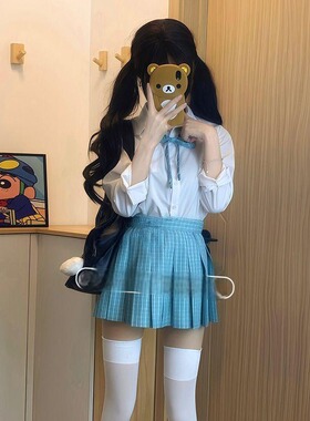 胖MM大码JK制服系学院风白色长袖衬衫夏季校供感衬衣松蓝格裙套装
