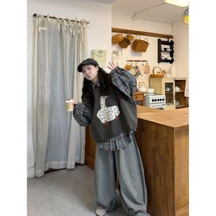 胖MM大码日系套装女卡通提花针织背心马甲叠穿格子长袖衬衫两件套