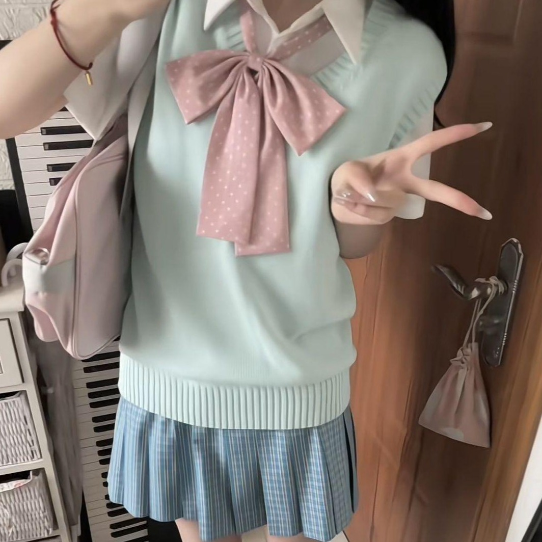 胖MM大码松蓝JK制服针织毛衣日系马甲学院校供上衣背心格裙套装女