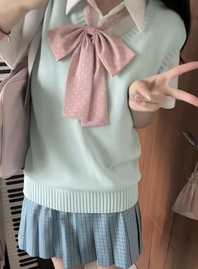 胖MM大码松蓝JK制服针织毛衣日系马甲学院校供上衣背心格裙套装女