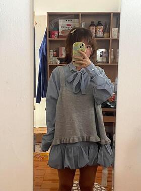 胖MM大码甜美蝴蝶结复古衬衫花苞连衣裙搭配灰色百搭针织背心套装