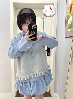 胖MM大码两件套新款韩系复古减龄独特设计花苞连衣裙灰色针织马甲