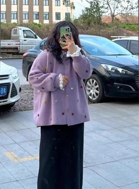 胖MM200斤特大码紫色圆领毛衣开衫外套秋冬软糯慵懒风宽松针织衫