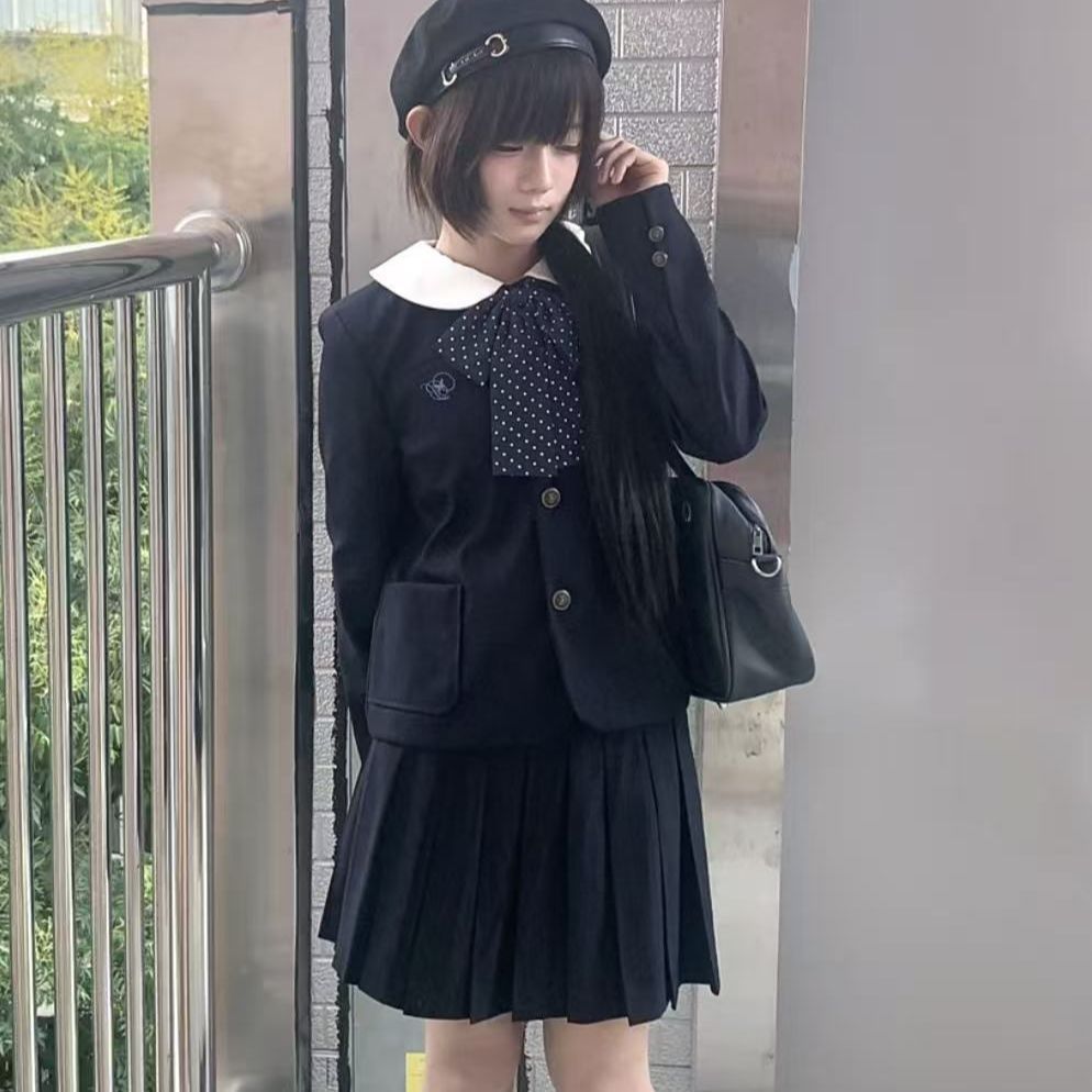 胖MM大码jk制服套装秋冬圆领学院风正肩西服外套JK裙中裙日系穿搭
