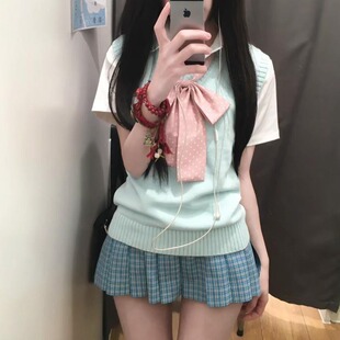 胖MM大码松蓝JK制服背心针织马甲日系水蓝校供感半身裙学生套装女