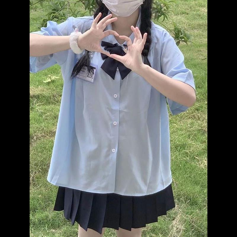 胖MM200斤特大码学院风jk制服套装蓝色短袖衬衫小众设计感上衣夏
