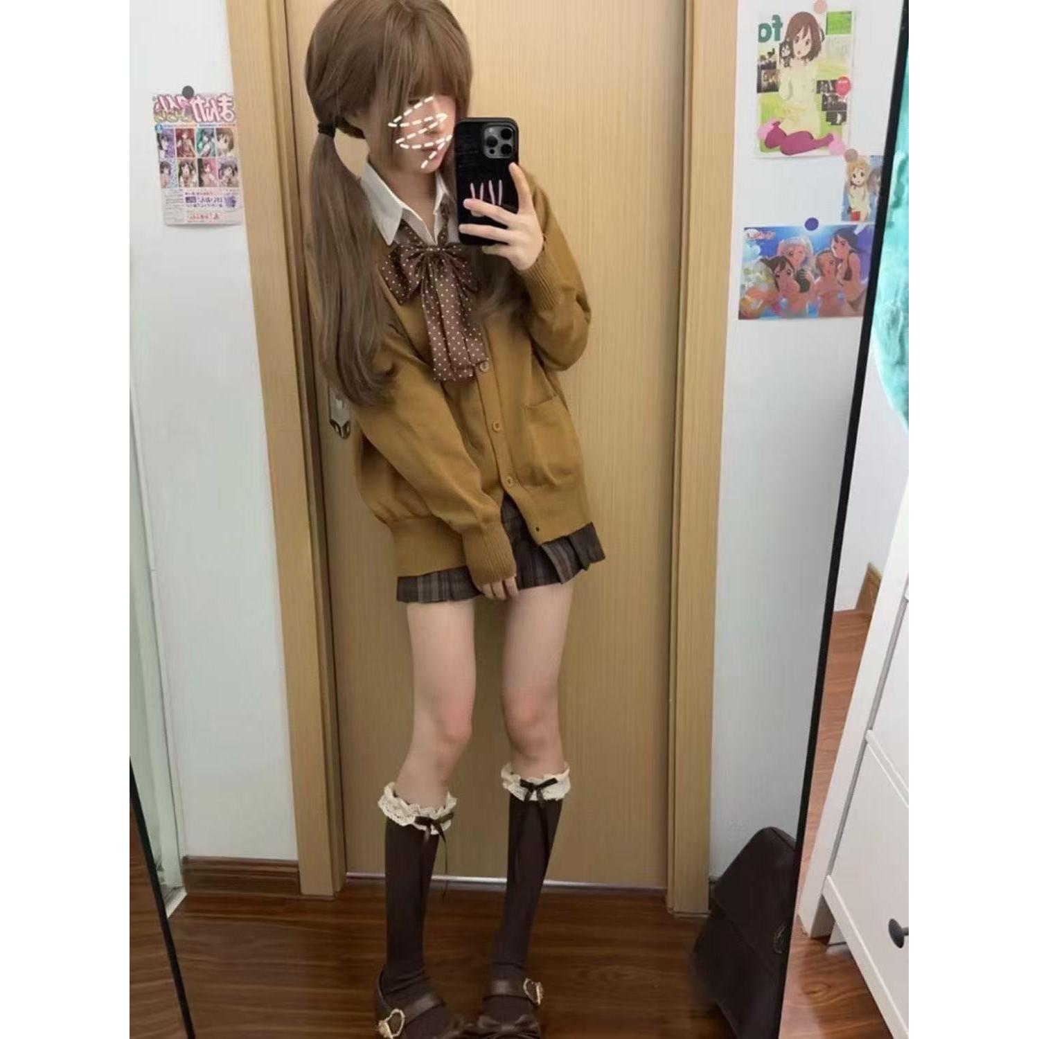 胖MM大码秋季JK制服针织衫软妹套装焦糖可颂格裙套装开衫毛衣外套