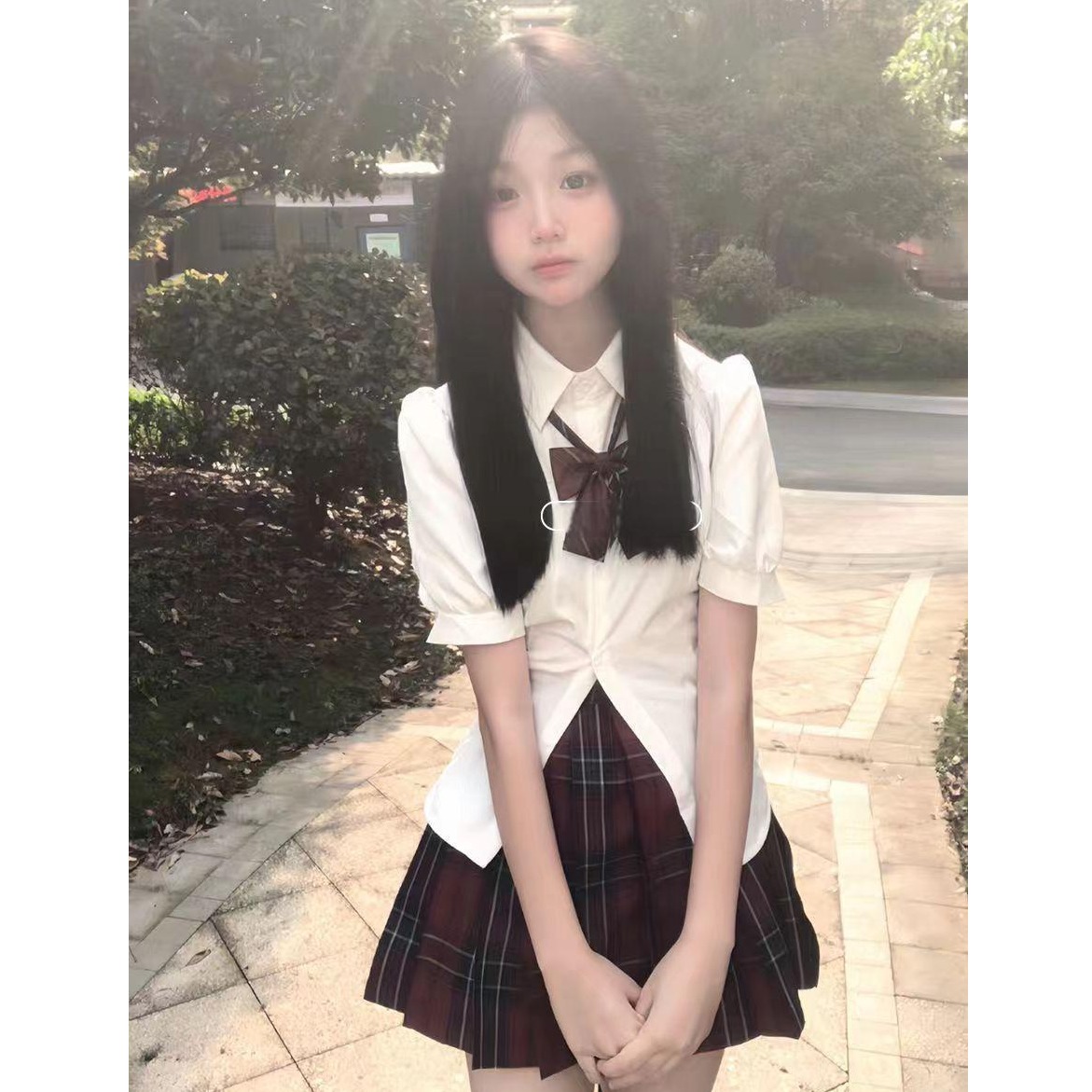 胖MM大码jk制服收腰衬衫上衣短袖修身显瘦泡泡袖白色衬衣辣妹套装