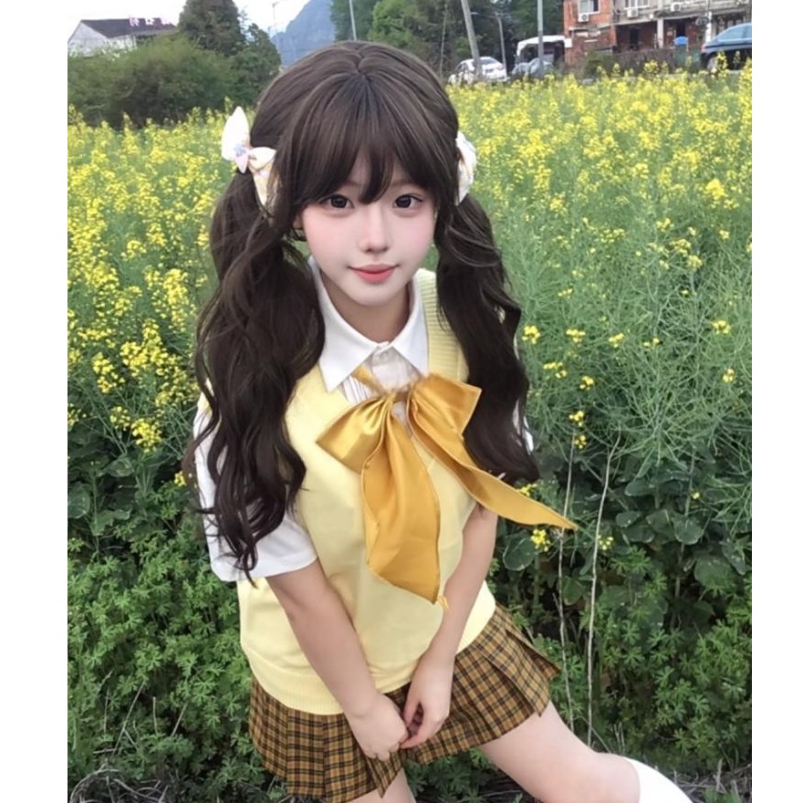 胖MM大码向日葵日系JK制服套装格裙背心马甲百褶裙学院针织衫毛衣