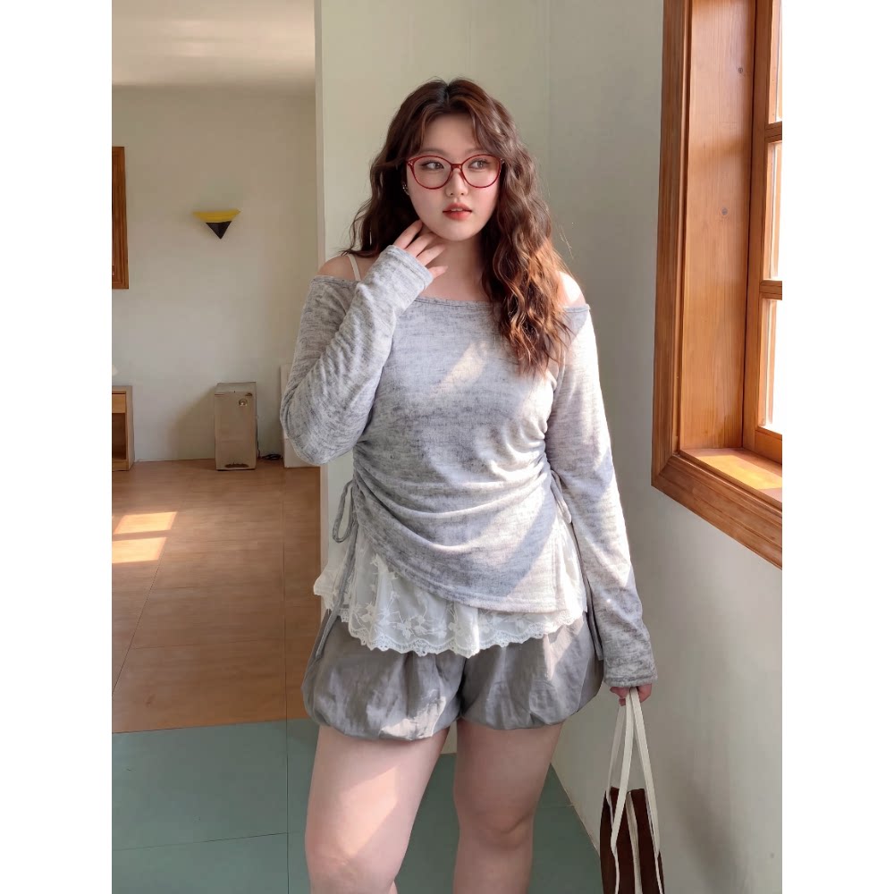 胖MM大码女韩系防晒抽绳罩衫蕾丝吊带花苞短裙春季巨好看三件套装图片