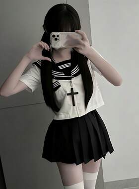 胖MM大码JK制服穿搭白三本短袖水手服上衣叠穿黑色百褶裙日系套装