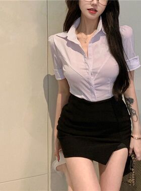 胖MM200斤特大码紧身V领性感衬衫夏ol制服职业装白衬衣工作服潮