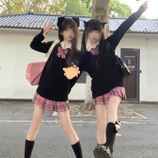 胖MM大码秋冬季jk制服套头针织衫套头毛衣长袖上衣短裙格裙套装女
