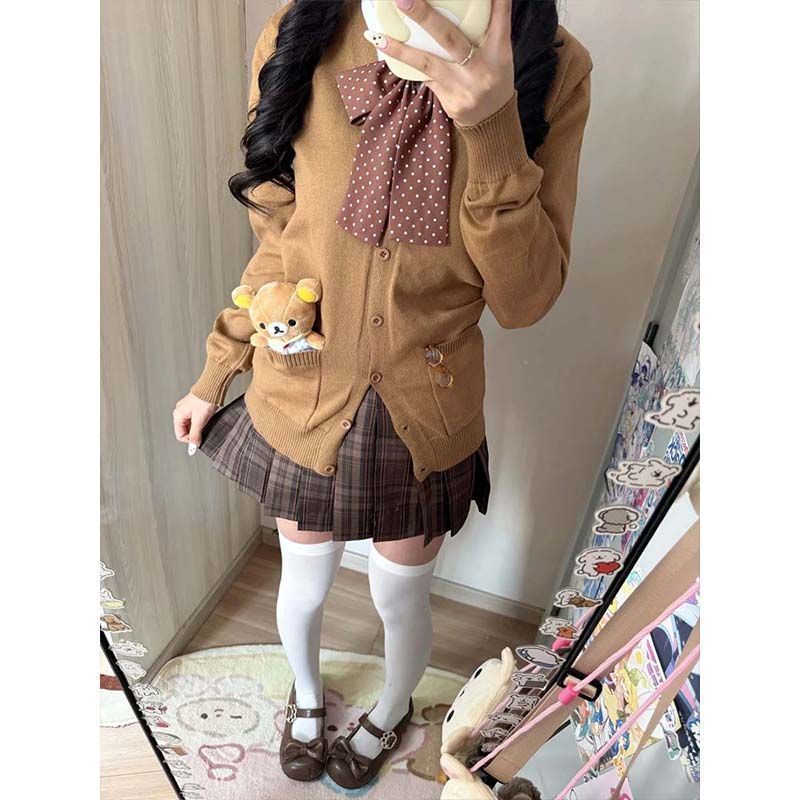 胖MM大码焦糖格裙日系JK制服原创套装长袖针织开衫学院软妹秋冬款