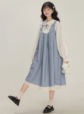 胖MM200斤特大码秋季学院甜美荷叶领裙子蓝色格纹假两件连衣裙女