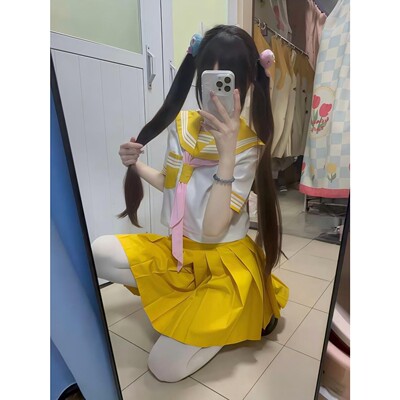 胖MM大码学院风穿搭黄色浅蓝三本水手服JK制服衬衫JK短裙一整套女