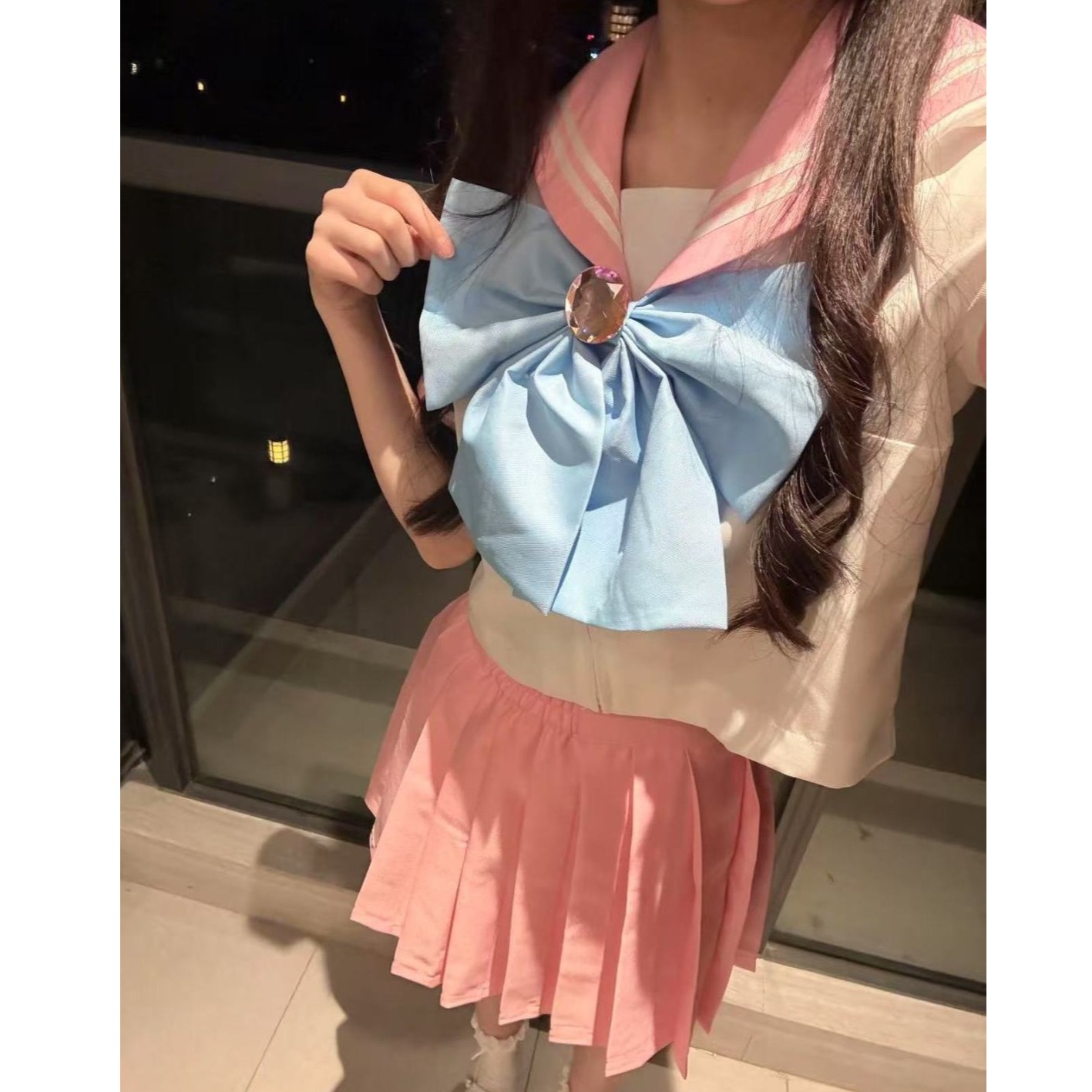 胖MM大码JK制服套装夏季日系学院风甜美少女粉色蓝色水手服女可爱
