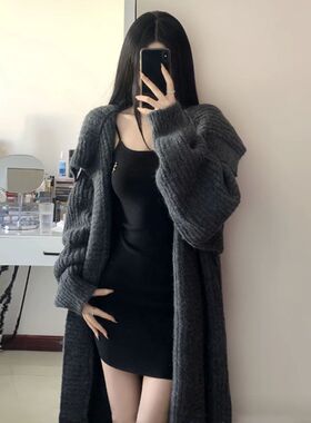 胖MM200斤特大码秋冬款百搭显瘦慵懒风长款气质翻领毛衣针织外套