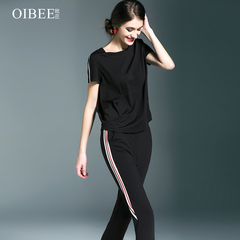 OIBEE2025春季新款時尚拼條彈力針織短袖T恤上衣百搭顯瘦休閑T