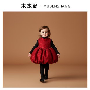 木本尚女童冬装公主裙2026新款宝宝灯笼裙过年衣服红色拜年服夹棉