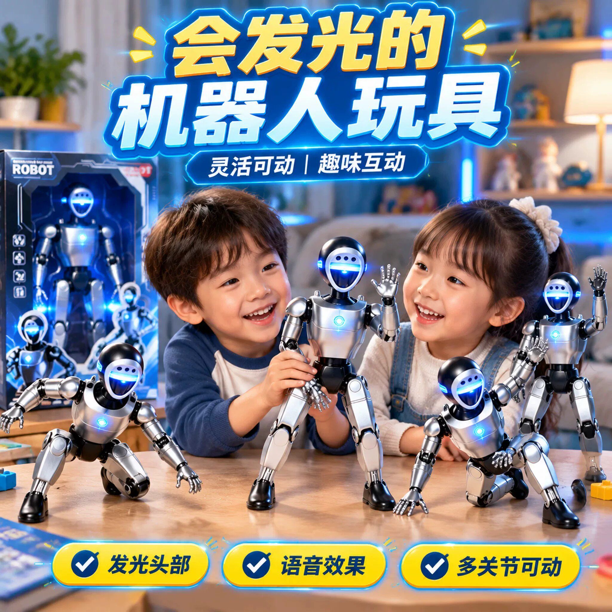 会发光的AI机器人玩具儿童智能互动语音发声多关节可动益智摆件