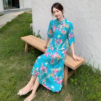 夏季寬松棉綢連衣裙女士新款年青媽媽復(fù)古風(fēng)立領(lǐng)短袖顯瘦中長(zhǎng)裙子