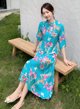 夏季宽松棉绸连衣裙女士新款年青妈妈复古风立领短袖显瘦中长裙子