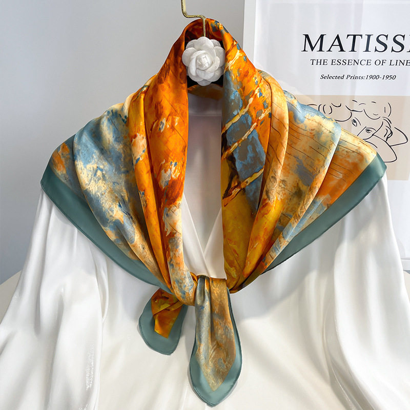 油画小方巾丝巾女春秋冬季妈妈搭配衬衣护颈围脖子围巾纱巾70x70