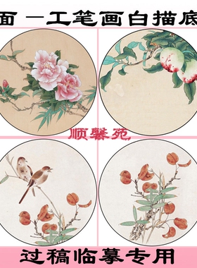 线描扇面茶花竹子红叶寿桃工笔画