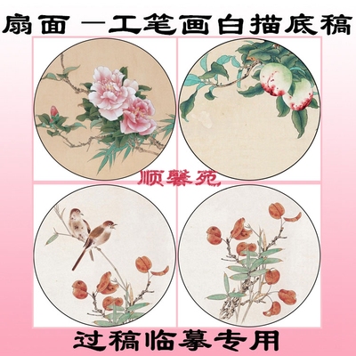 线描扇面茶花竹子红叶寿桃工笔画