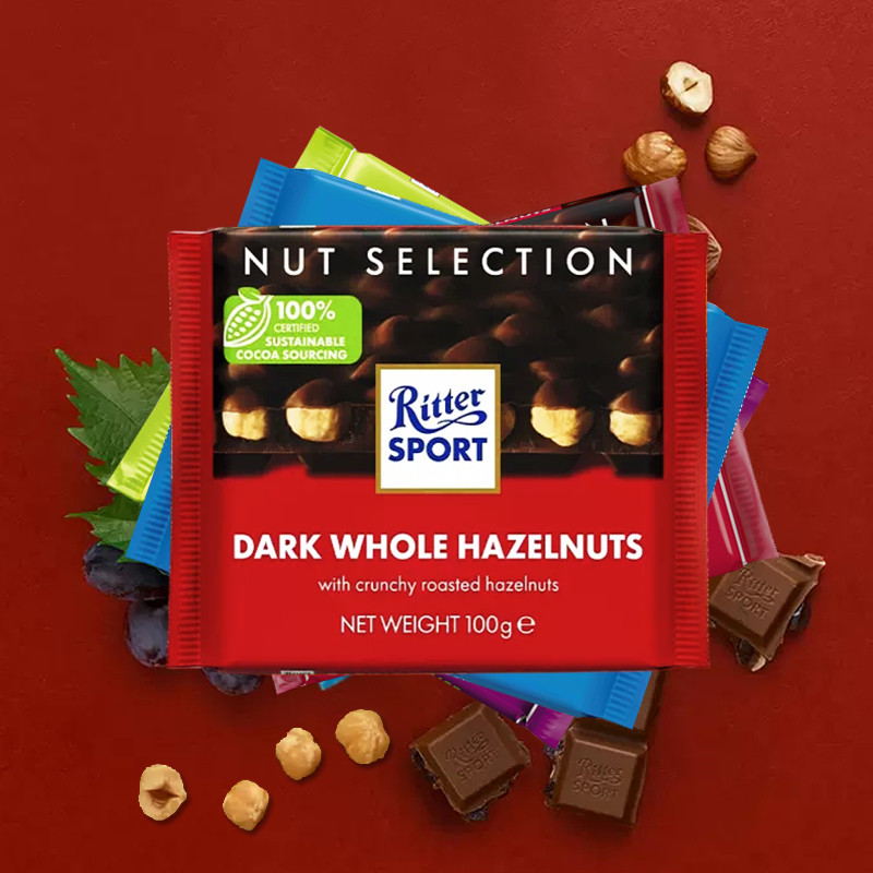 德国RitterSport瑞特斯波德夹心牛奶黑巧克力瑞特滋排块零食糖果