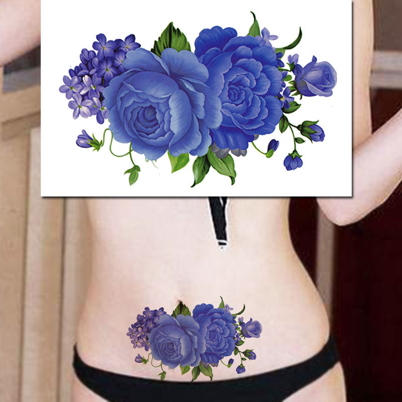 蓝色牡丹纹身贴防水女持久肚子遮盖疤痕魅魔羞耻情侣私密纹身贴纸