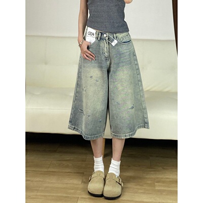 复古破洞七分阔腿显瘦牛仔裤女