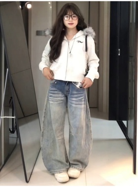 美式设计感弯刀牛仔裤女秋冬新款加长低腰宽松显瘦阔腿镰刀拖地裤