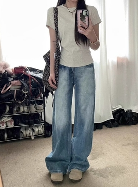 浅色磨白阔腿牛仔裤女春季新款设计感高腰宽松显瘦百搭直筒长裤子