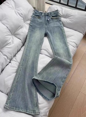 早春季2024年新款浅蓝色微喇叭牛仔裤子女高腰修身窄版阔腿马蹄裤