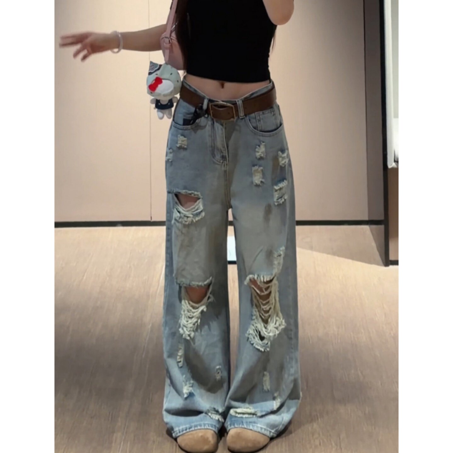 美式复古做旧乞丐破洞牛仔裤女夏季2026新款设计感宽松阔腿长裤子