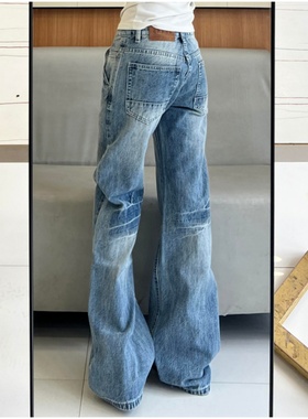 美式水洗蓝色闪电裂纹微喇牛仔裤女秋冬低腰宽松显瘦阔腿拖地裤子