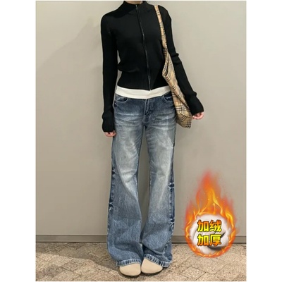 高个子加长美式复古微喇牛仔裤女