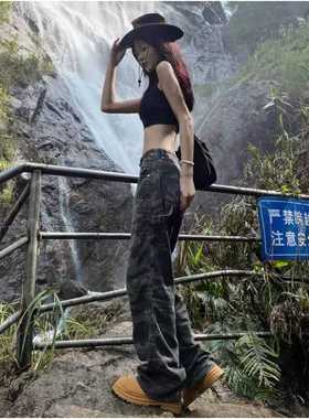 军绿色迷彩工装裤女加长2024新款夏季冲锋裤高个子美式直筒登山裤