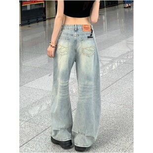 子 女宽松显瘦阔腿拖地长裤 小个子美式 复古猫须口袋刺绣弯刀牛仔裤