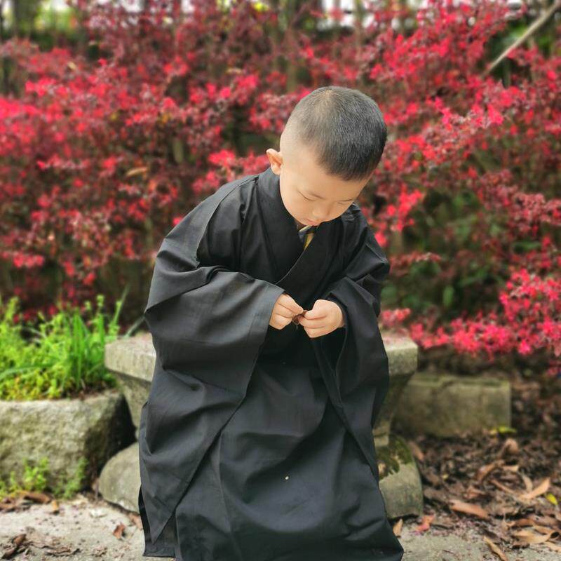 特卖台湾麻面料 咖啡色小孩僧服 海清僧鞋居士服 儿童海青 直销价