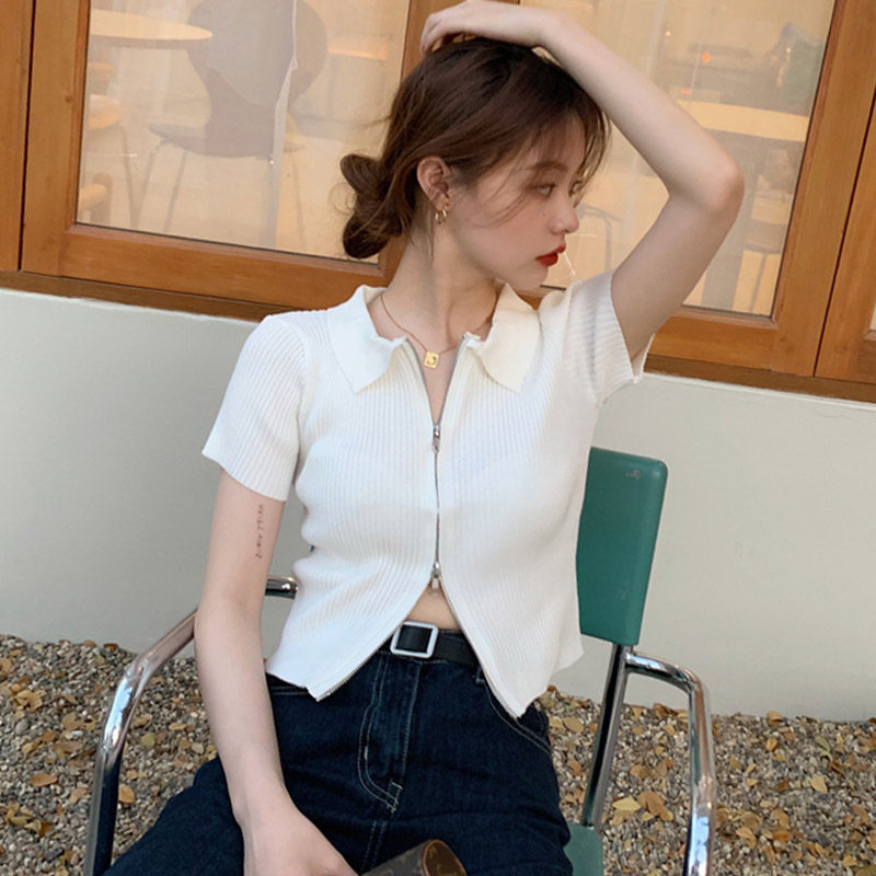 双头拉链坑条针织短袖开衫薄外套女夏季紧身性感露脐翻领短款上衣