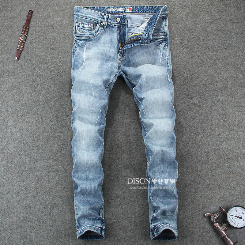 夏季歐美高街複古做舊貓抓水洗淺色直筒彈力修身小腳牛仔褲男磨白在類目 男裝, 牛仔褲中 - 來自Buy2taobao.com提供專業的淘寶代購服務