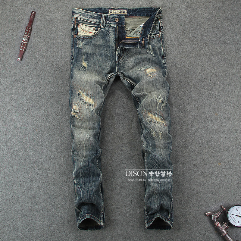 欧美风烟灰色复古破洞补丁刺绣个性乞丐小脚牛仔裤男潮牌修身直筒|msdalam kategori Pakaian Lelaki, seluar jeans - dari Buy2taobao.com untuk memberikan perkhidmatan ejen Taobao profesional membeli