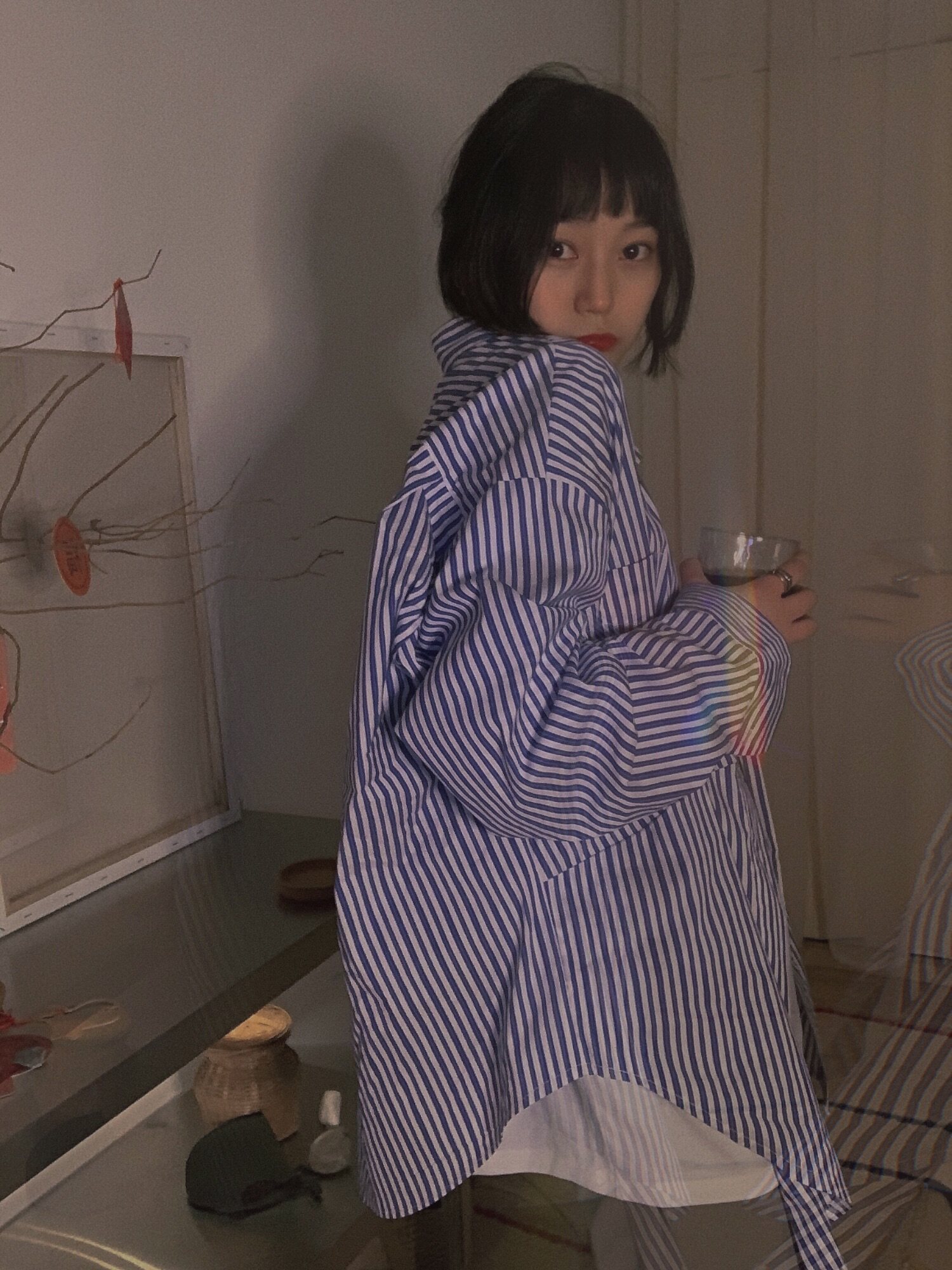 CHENDAU通勤蓝条纹长袖均码中长 宽松显瘦不挑身材衬衫设计女小众