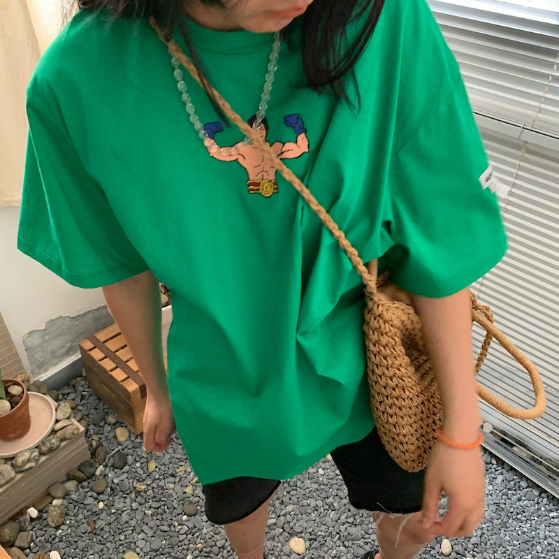 CHENDAU 卡通动漫印花贴标绿色通勤宽松短袖T恤女 常规圆领秋上衣